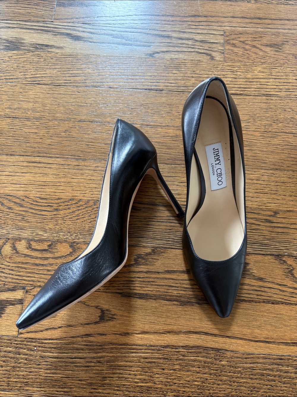 Jimmy Choo Black Leather Pointed-Toe Stiletto Pumps, 3.5” heel, 38.5